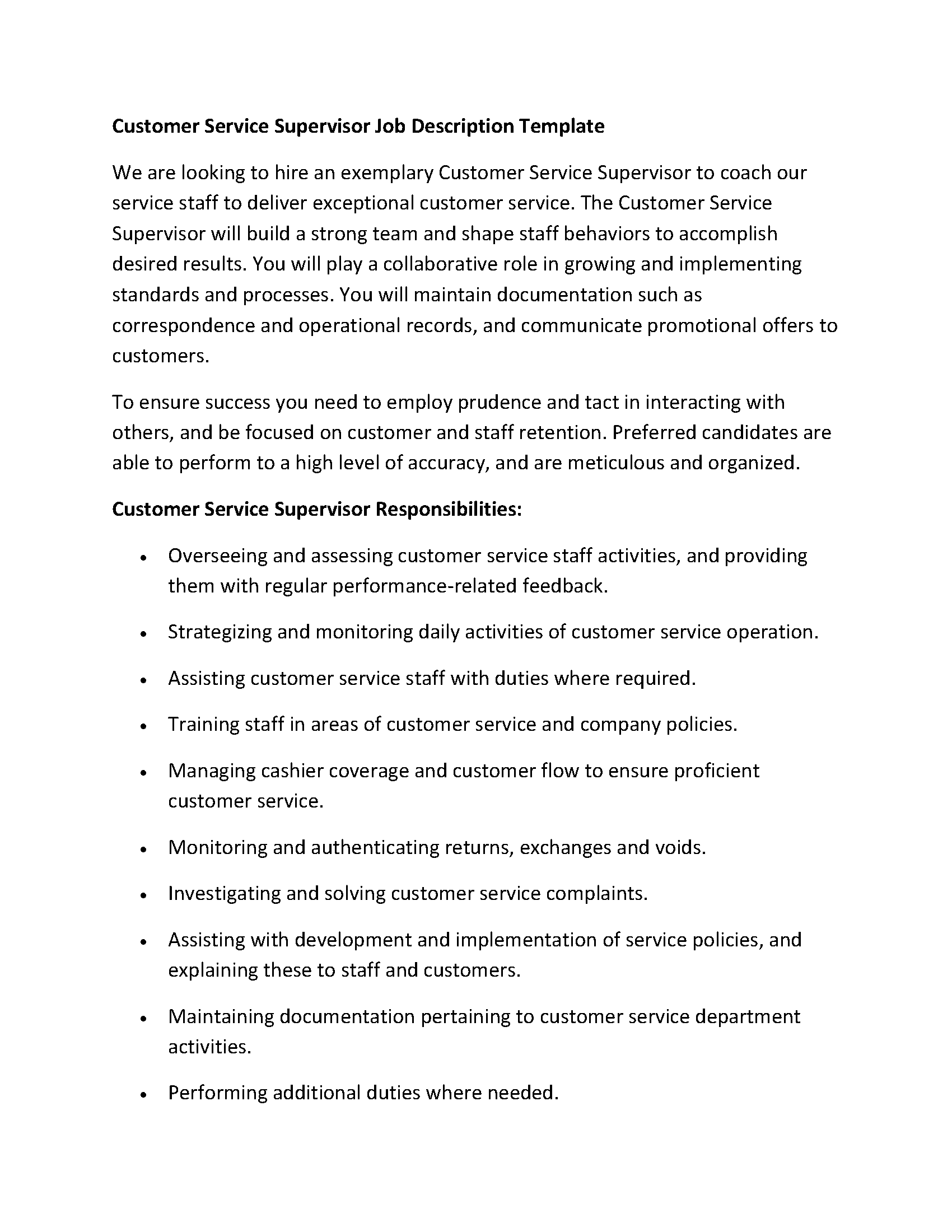 Customer Service Supervisor Job Description Template